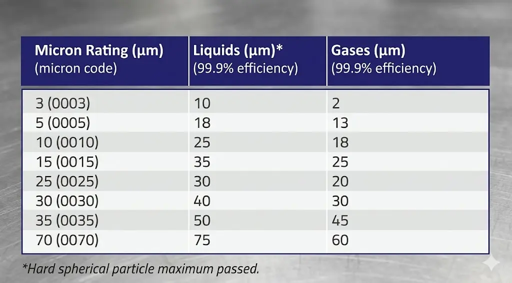 Pleated stainless steel filter performance table