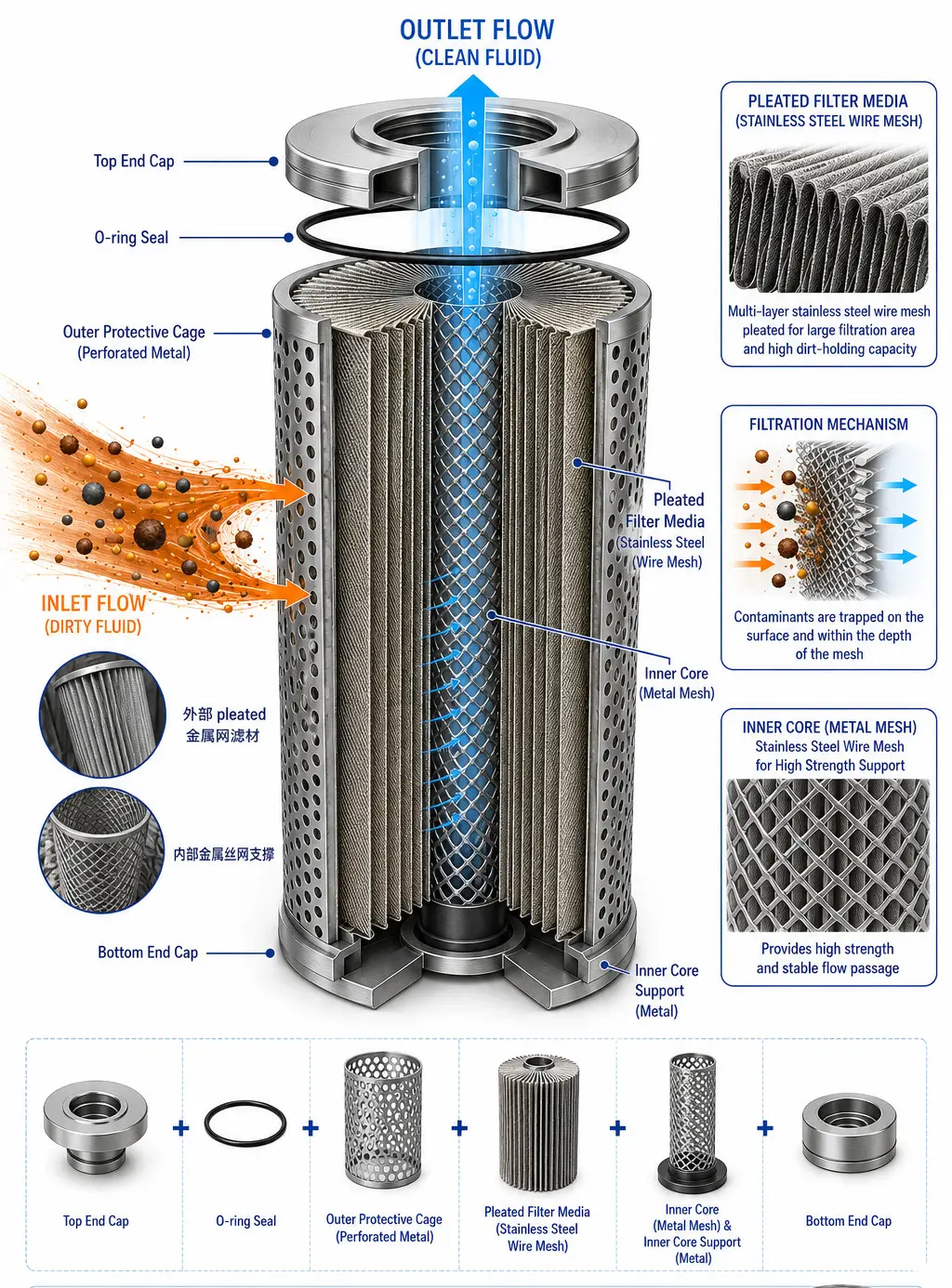 Pleated stainless steel filter cartridge construction diagram