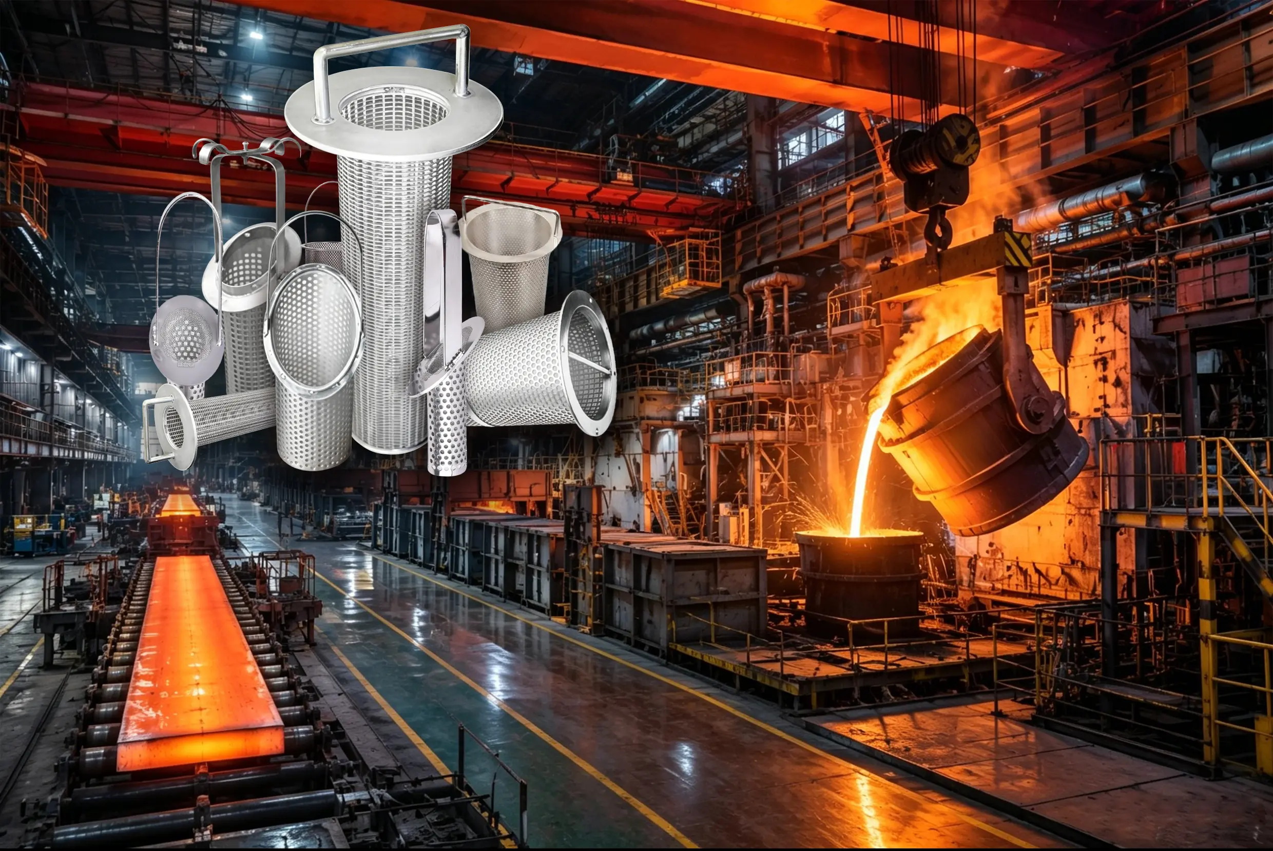 Stainless steel basket and tube filter used in steel mill cooling water and continuous casting service