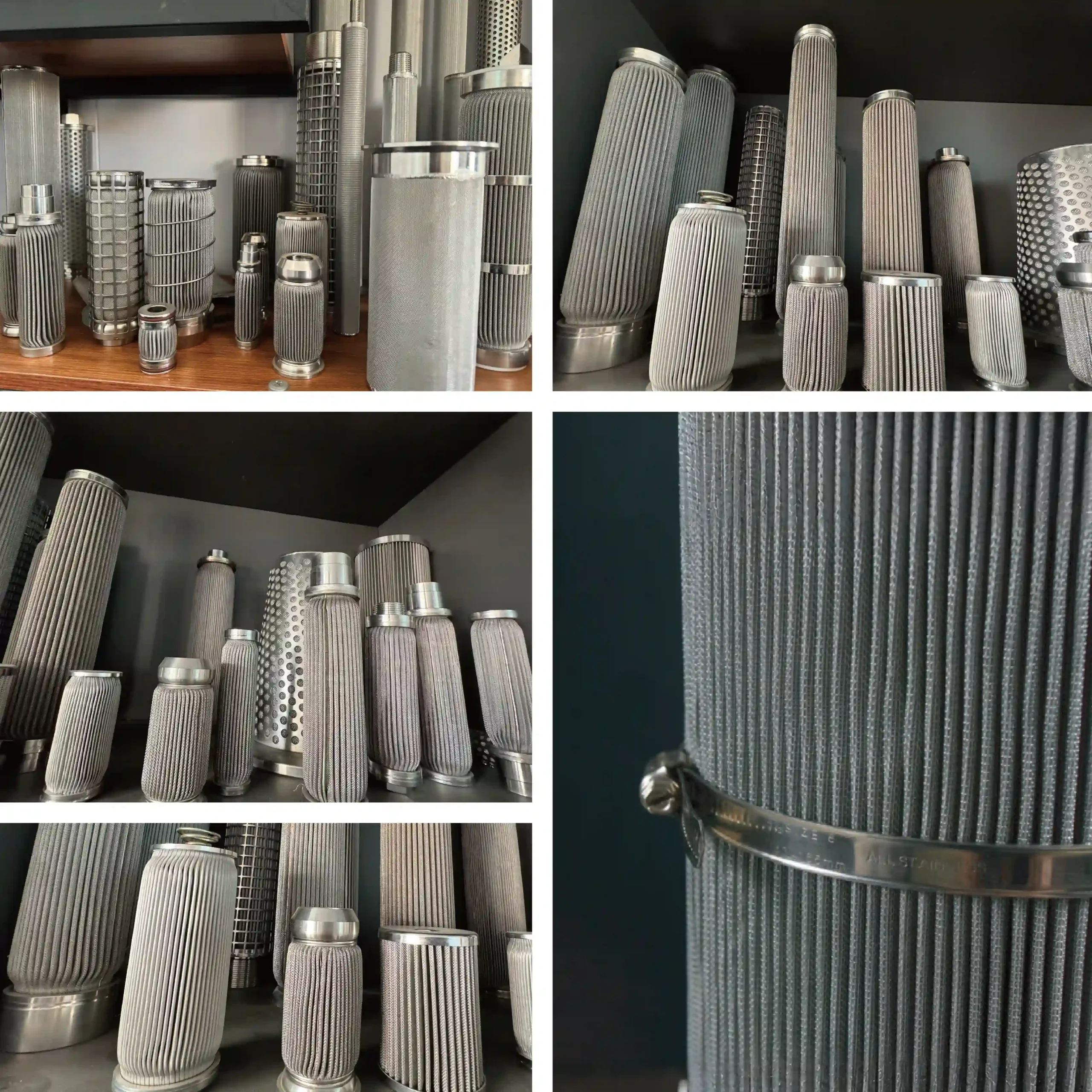 Workshop display of stainless steel pleated filter cartridges with varied diameters, guards and end connections