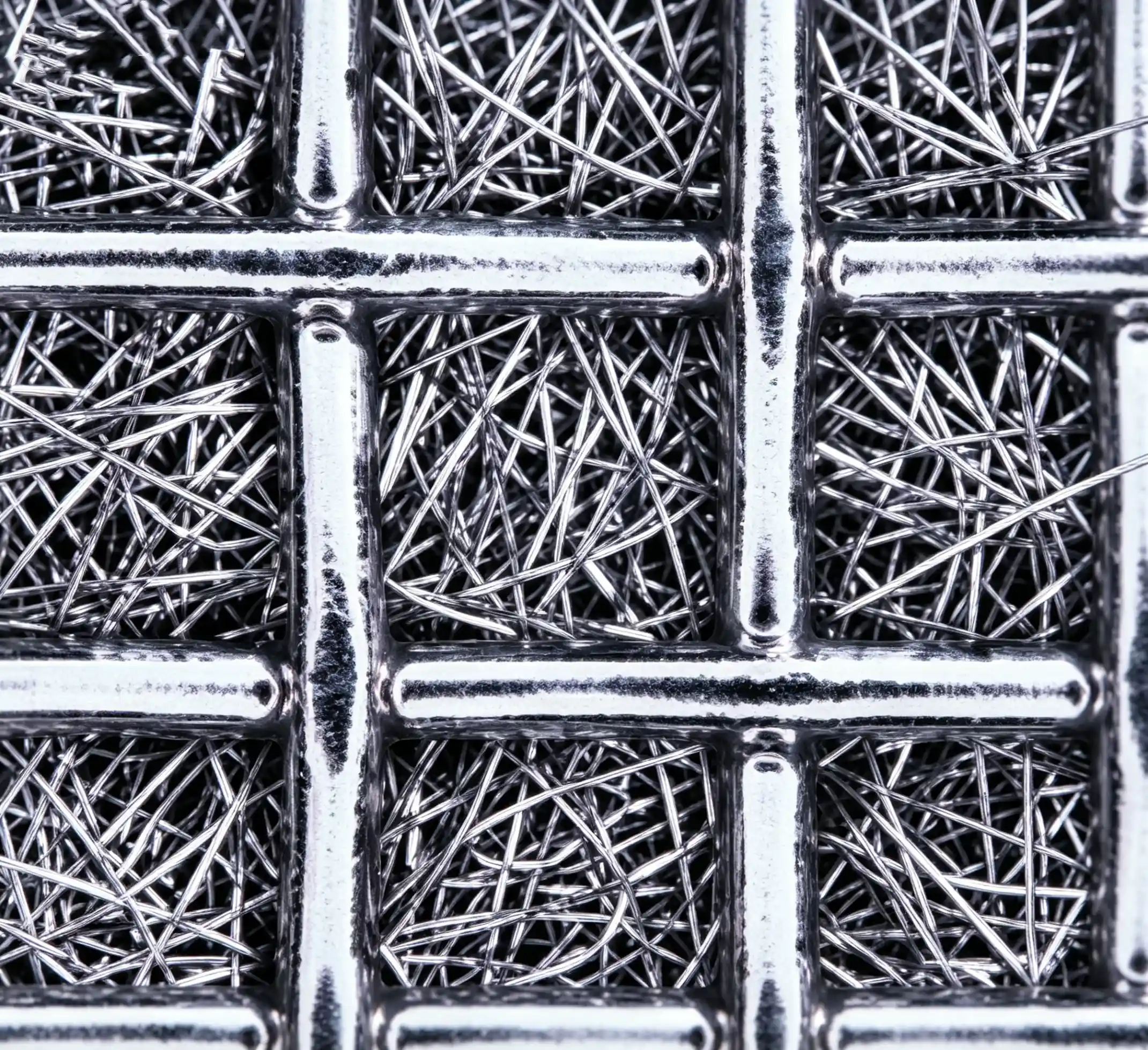 Close-up view of random stainless steel fibers in sintered metal fiber felt