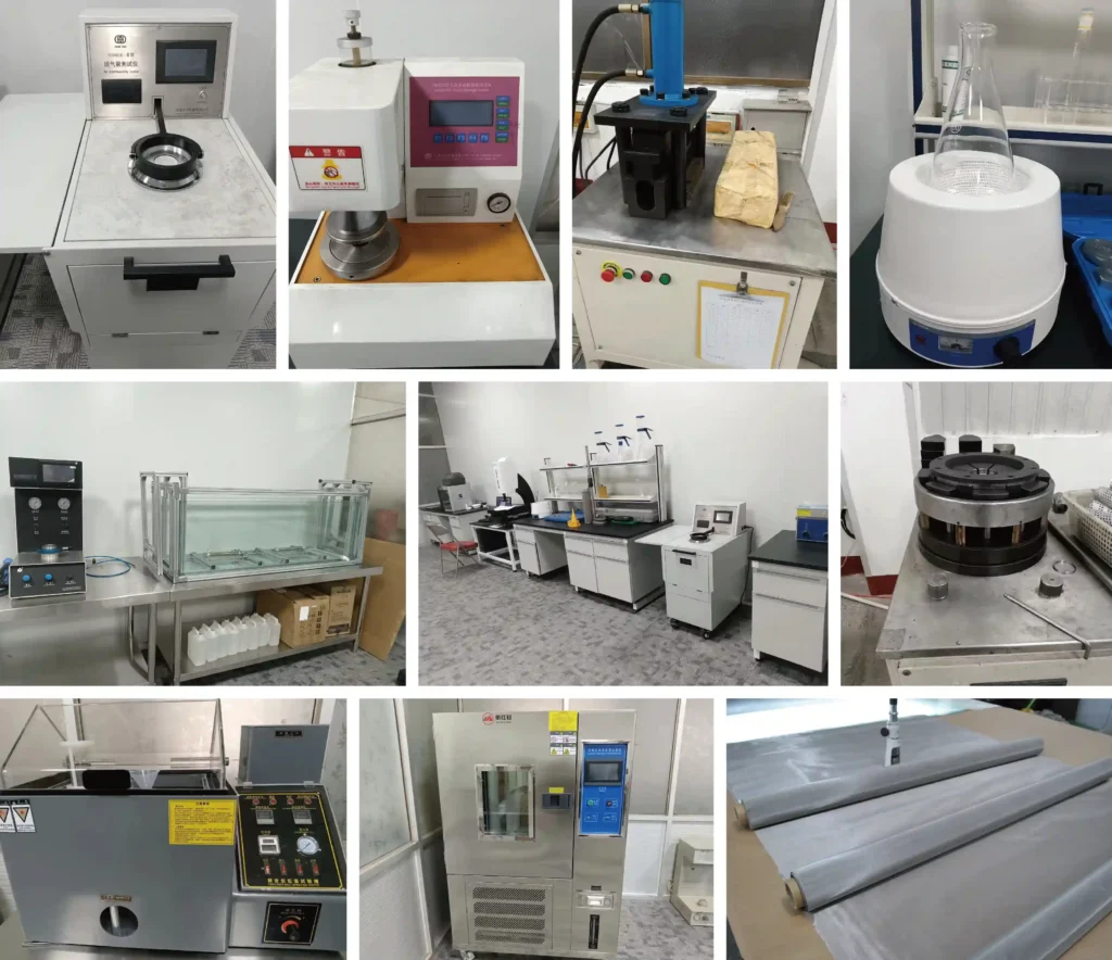 Filter laboratory equipment for bubble point, permeability, immersion and mechanical testing of metal filter elements