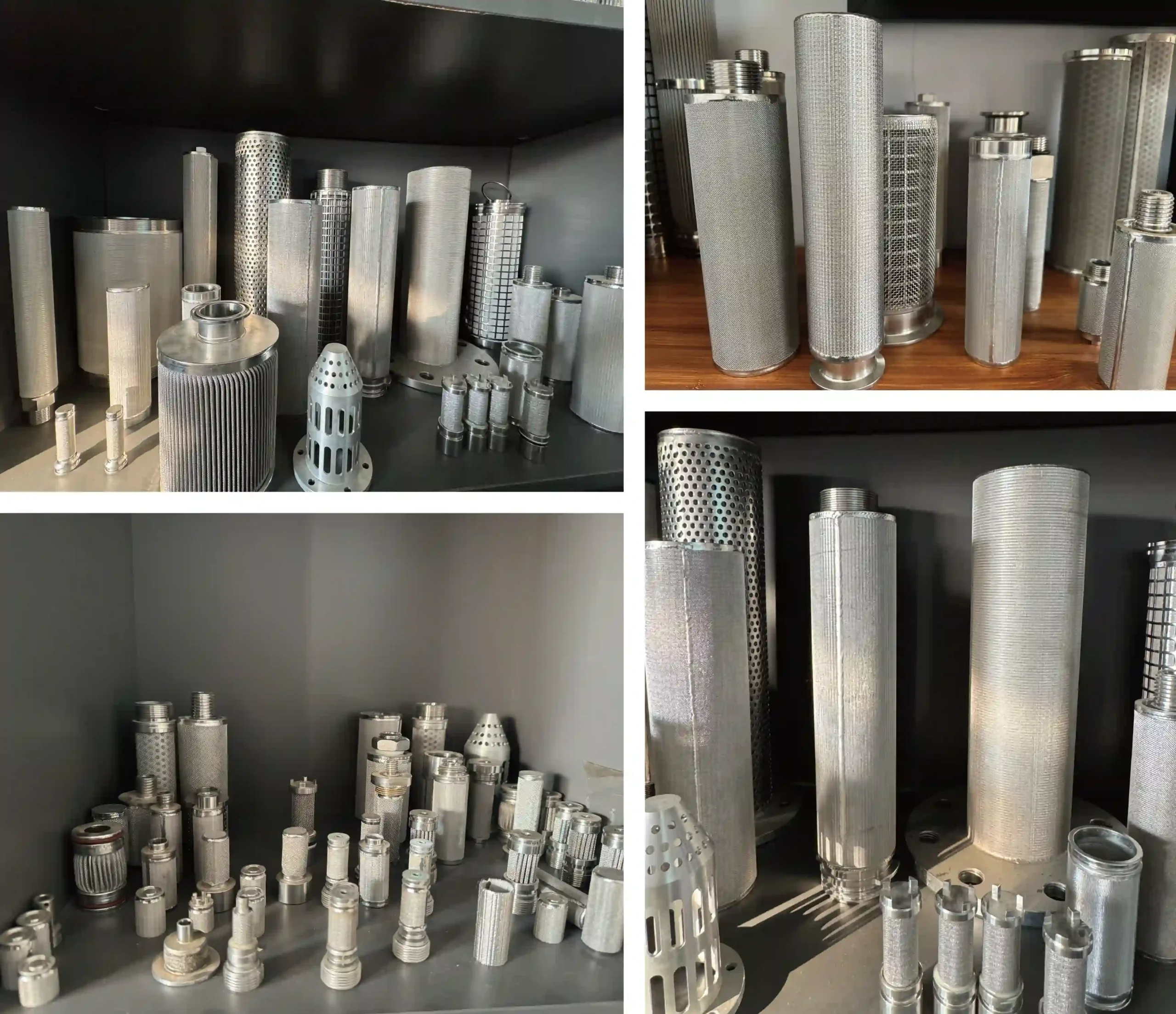 Workshop display of stainless steel filter cartridges with different media supports, dimensions and end connections