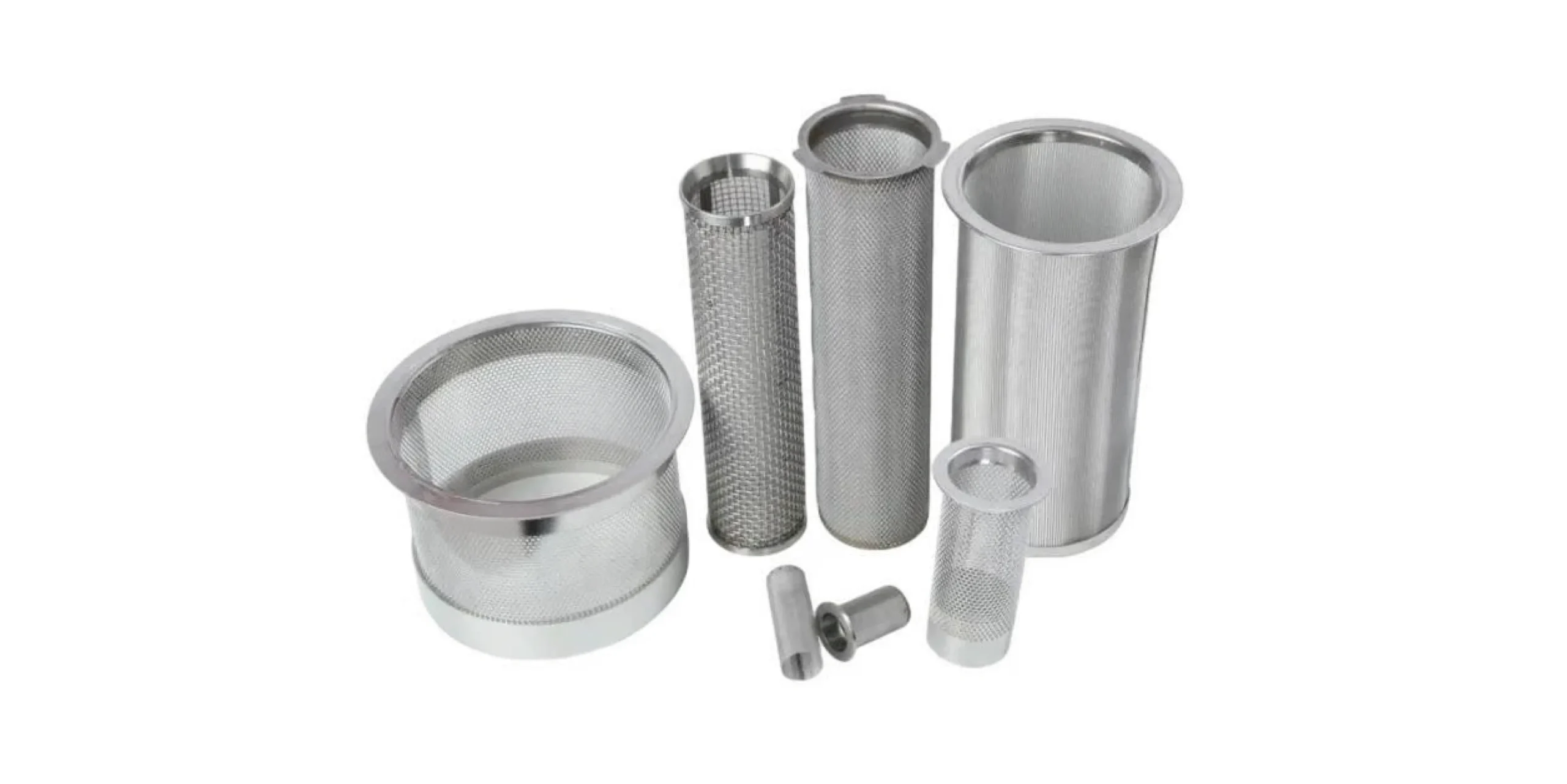 Stainless steel basket and tube filters with woven mesh and perforated openings in different sizes