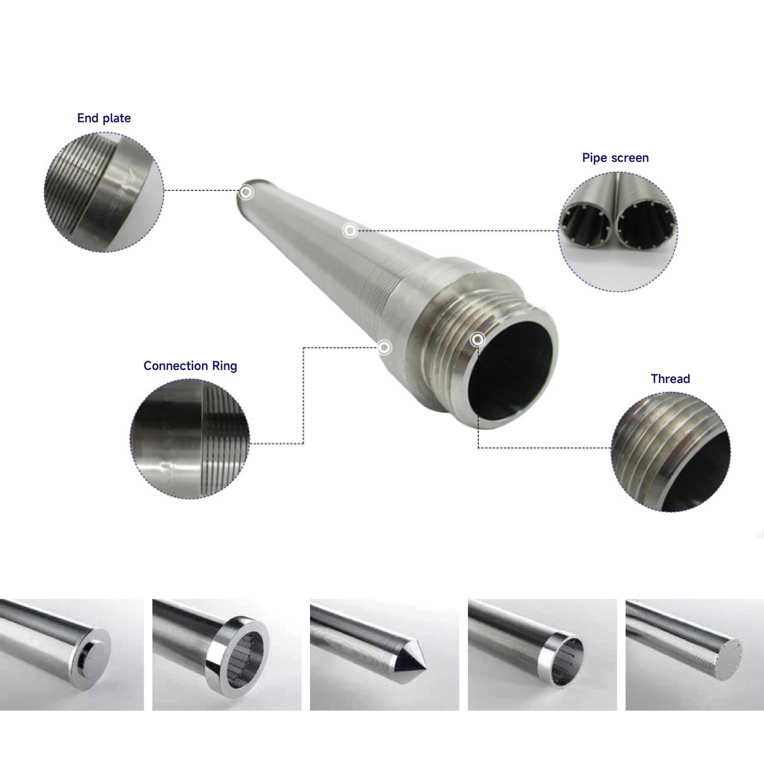 Stainless steel wedge wire filter element with threaded connection, end plate and pipe screen details