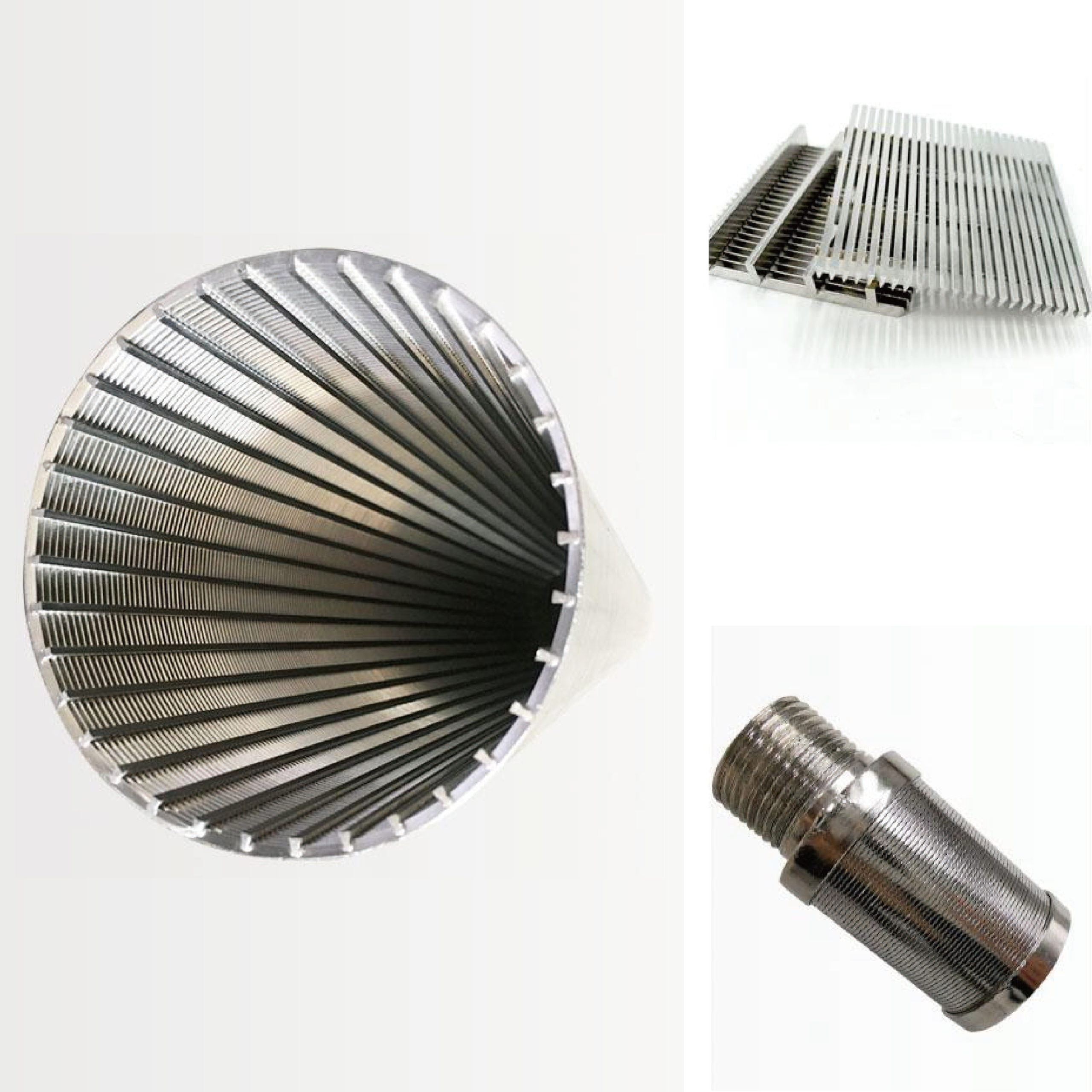 Stainless steel wedge wire filter screens, cylindrical elements and flat panels in multiple forms